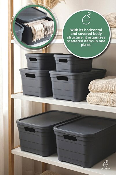 EVONİTA Set de 6 cutii de depozitare cu capac Organizator pentru dulap 2x2.8L...