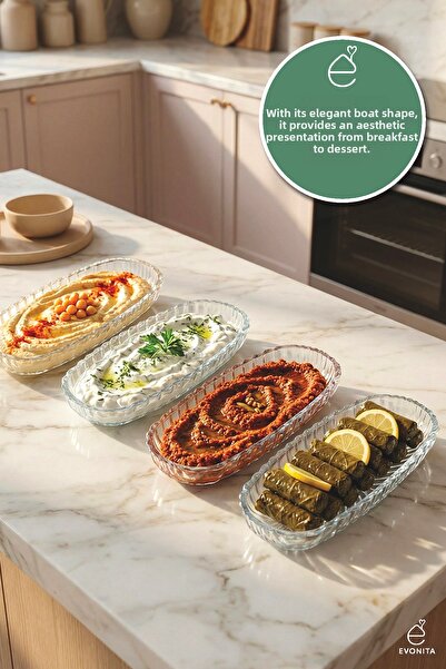EVONİTA 4-Piece Glass Kayık Presentation Plate Transparent Serving Plate Brea...