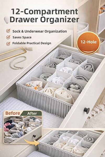 Funny Life Οργανωτής συρταριών με 12 θήκες |   Πτυσσόμενο κουτί οργάνωσης για...
