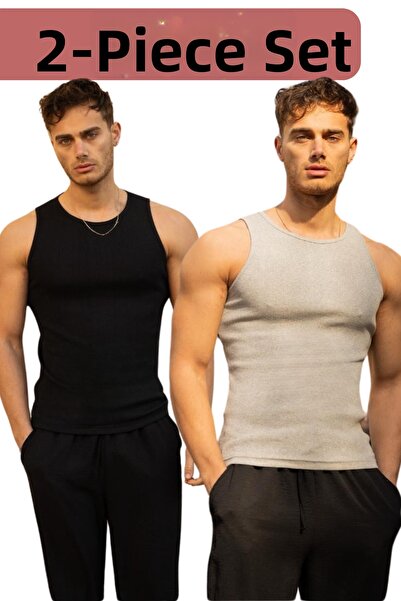 GAYIŞ 2 Pack Black Gray Halter Neck Athlete's Singlet, Lycra Men's Singlet