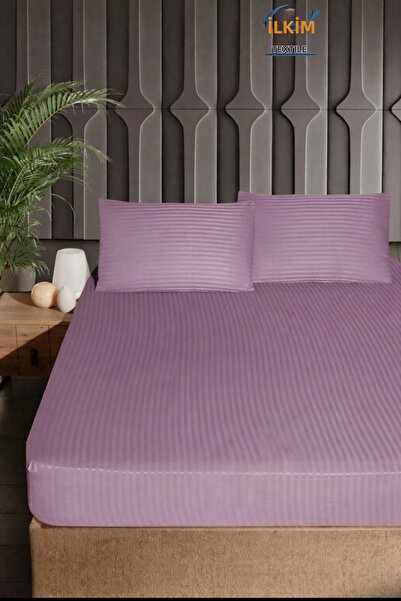 cs ilkim Σετ σατέν ελαστικού σεντονιού από βαμβάκι με ρίγες + 2 μαξιλαροθήκες...