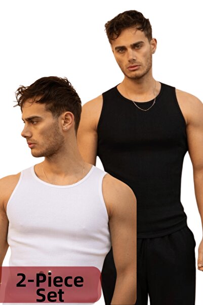 GAYIŞ 2 Pack Black and White Halter Neck Sports Tank Top, Lycra Men's Tank Top