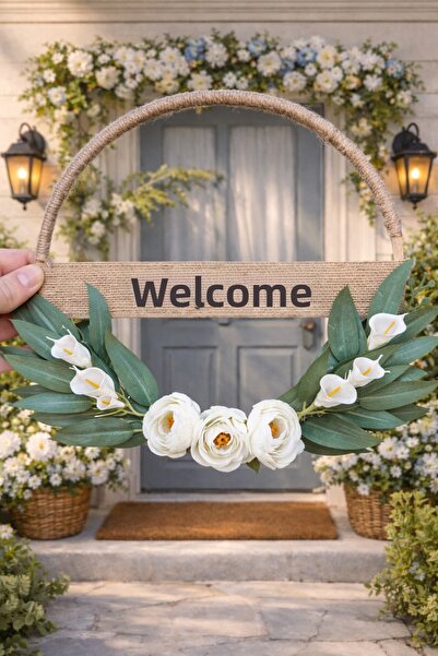 gençay Handmade Welcome Door Ornament Blue Rose & White Orchid Detailed Moder...