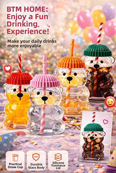 btm home Teddy Bear Glass Cup with Straw and Lid Bear Glass Cold Drink Cup 55...