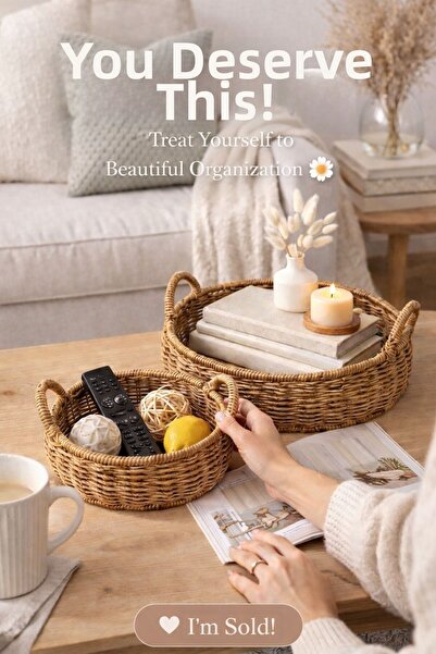 NEWNOW RusticLife Σετ 2 ψάθινων καλαθιών με λαβές, χειροποίητος πλεκτός διακο...