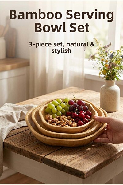 ERKUGO Bamboo 3-Piece Salad Bowl, Daisy Presentation Bowl, Decorative Bowl, W...