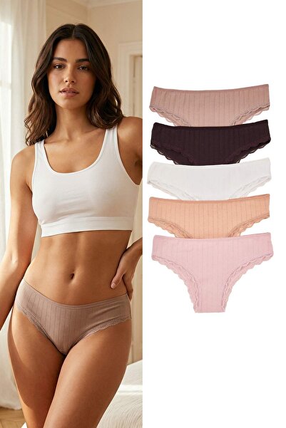 Συλλογή Trendyol Καφέ-Πολύχρωμο Βαμβακερό Πλεκτό Σλιπ Βραζιλιάνικο Πλεκτό με ...