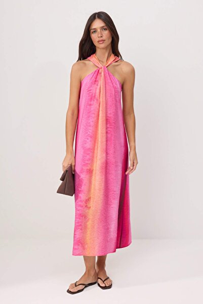 Trendyol Collection Rochie maxi țesută cu detaliu cu guler cu croi drepte roz...