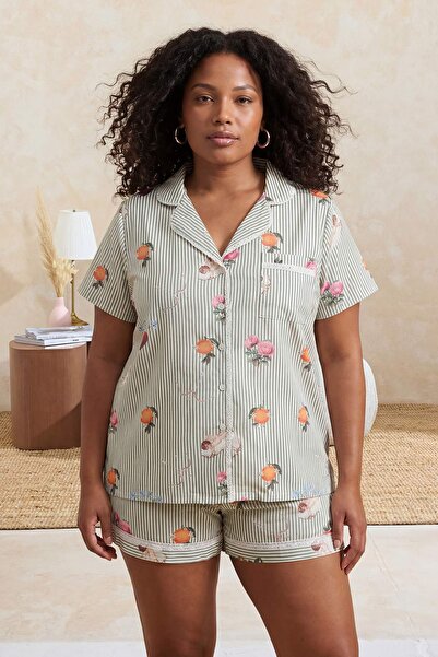 Trendyol Curve Σετ Πιτζάμες Mint Rustic Με σχέδιο Γιακάς πουκαμίσου Υφαντό Pl...