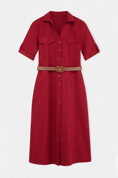 Συλλογή Trendyol Vişne Ζώνη τεμαχίων ίσιο φόρεμα μίντι με κουμπιά Υφαντό TWOS...