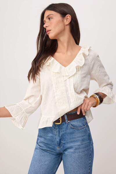 Trendyol Kollektion Weiße, selbstgemusterte, gewebte Bluse mit Rüschendetails...