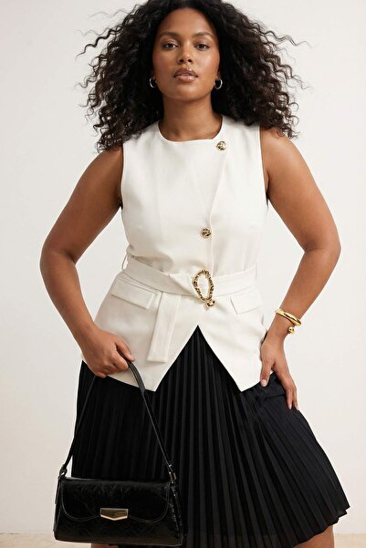 Trendyol Curve Εκρού Ζώνη τεμαχίων με χρυσά κουμπιά Υφαντό Μεγάλο Μέγεθος Γιλ...