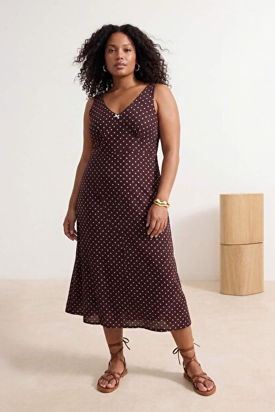 Trendyol Curve Καφέ Πουά τεμάχια Φιόγκος Μάξι Τούλι Ελαστικό Πλεκτό Φόρεμα Με...
