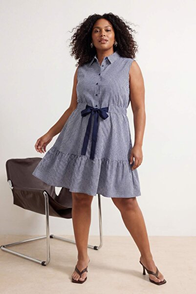 Trendyol Curve Πολύχρωμο φανελένιο υφαντό φόρεμα μεγάλου μεγέθους TBBSS26AH00195