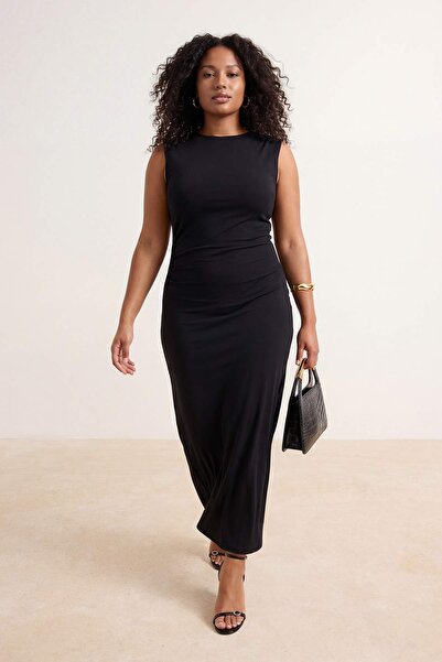 Trendyol Curve Μαύρο πλέξη ριμπ Πλεκτό φόρεμα λεπτομέρεια με σούρες στον ώμο ...