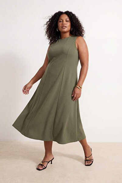 Trendyol Curve Σκούρο Χακί 100% Βαμβάκι Ανοίγει από τη μέση Πλεκτό Φόρεμα Μίν...