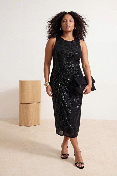 Trendyol Curve Μαύρο πλεκτό φόρεμα με παγιέτες, κομψό βραδινό φόρεμα για χρισ...