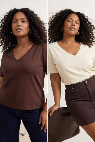 Trendyol Curve Καφέ-Μπεζ 2-τεμαχιακή συσκευασία Μπλουζάκια κανονικής εφαρμογή...