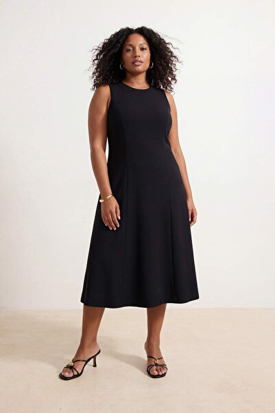 Trendyol Curve Μαύρο 100% Βαμβάκι Skater Crew Neck Αμάνικο Πλεκτό Μίντι Φόρεμ...