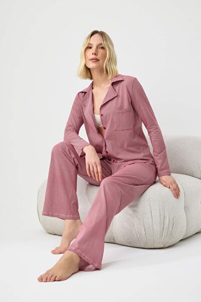 Συλλογή Trendyol Σετ Πιτζάμες Πλεκτές Βουργουνδίες 100% Βαμβακερές με Καρό Σχ...