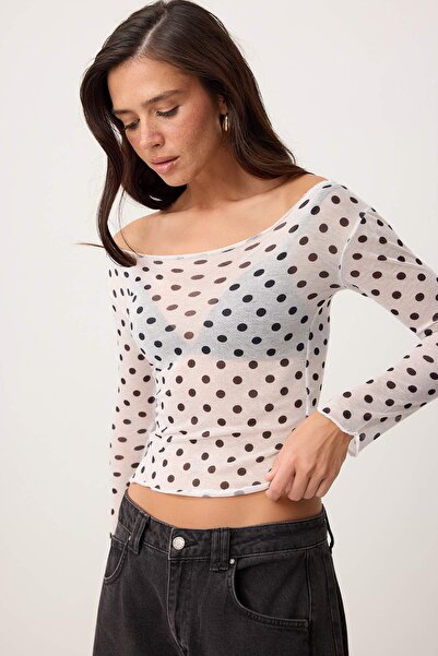 Trendyol Collection White Polka Dot Regular Boat Neck Low Sleeve Transparent ...