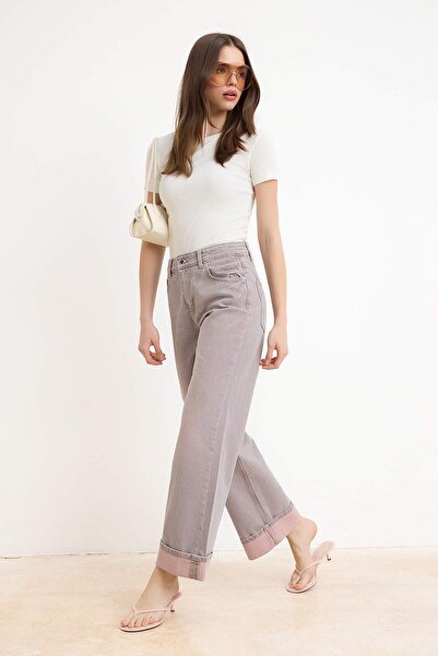 Συλλογή Trendyol Ροζ τζιν με διπλωμένο τελείωμα, vintage πλύσιμο, ψηλόμεσο, φ...