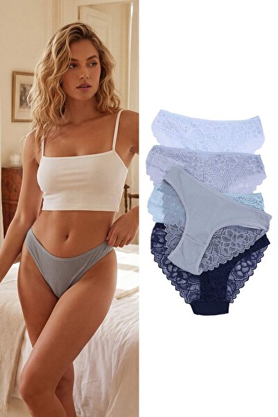 Συλλογή Trendyol Μπλε-Πολύχρωμο Βαμβακερό Σετ 5 τεμαχίων Δαντελωτό Ριγέ Ψηλόμ...