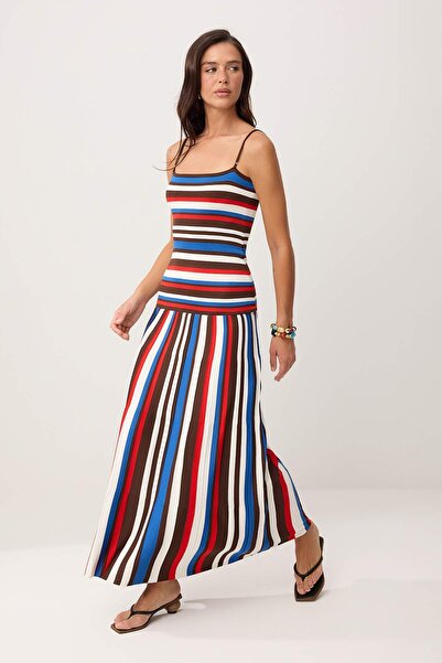 Συλλογή Trendyol Καφέ Ριγέ Μάξι Πλεκτό Φόρεμα TWOSS26EL00177