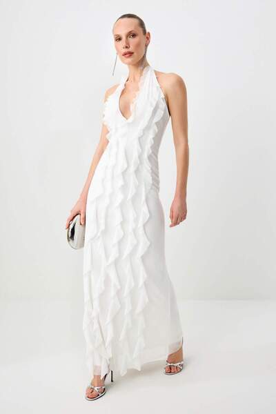 Trendyol Kollektion Limitierte Auflage: Weißes, mit Rüschen gefüttertes Tüll-...