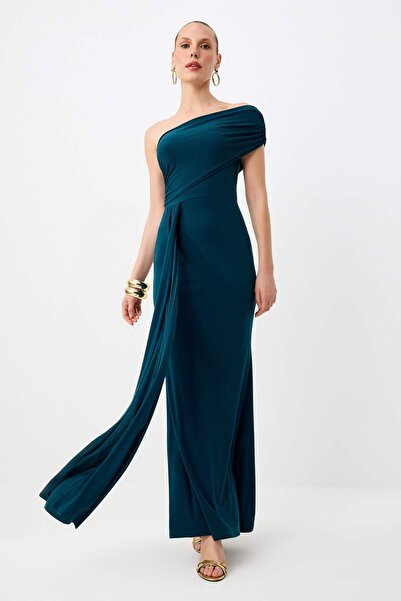 Συλλογή Trendyol Σμαραγδί Πράσινο Πλεκτό Φόρεμα με Ίσια Γραμμή και Ντραπέ Σχέ...