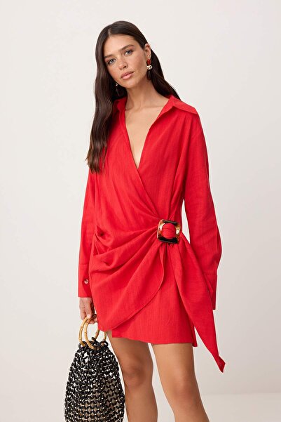 Συλλογή Trendyol Κόκκινο Αξεσουάρ Λεπτομερές Διπλό Κοντό / Μίνι Υφαντό Φόρεμα...