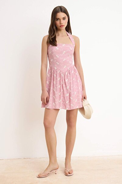 Συλλογή Trendyol Ροζ Μίνι Υφαντό Φόρεμα με Κέντημα TWOSS26EL00563