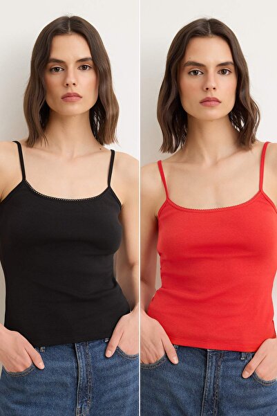 Trendyol Collection Black-Red Plain Fitted Pool Collar Spaghetti Strap Sleeve...