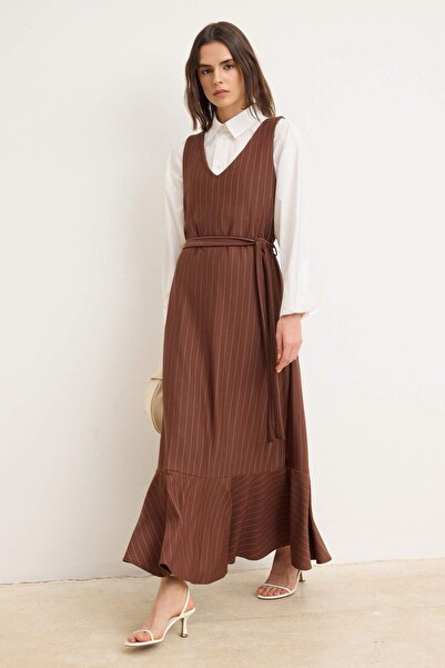 Trendyol Modest Καφέ υφαντό φόρεμα και ολόσωμη φόρμα χωρίς επένδυση, ριγέ, απ...