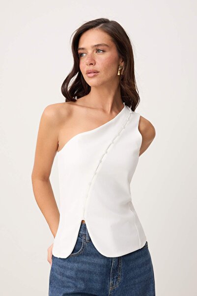 Συλλογή Trendyol Εκρού Πλεκτή Μπλούζα με Ασύμμετρο Γιακά, Αμάνικη, με Κουμπιά...