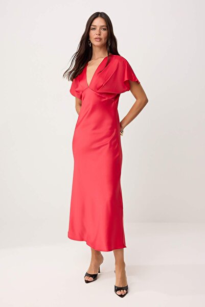 Συλλογή Trendyol Κόκκινο Σατέν Μάξι Υφαντό Φόρεμα TWOSS26EL00880