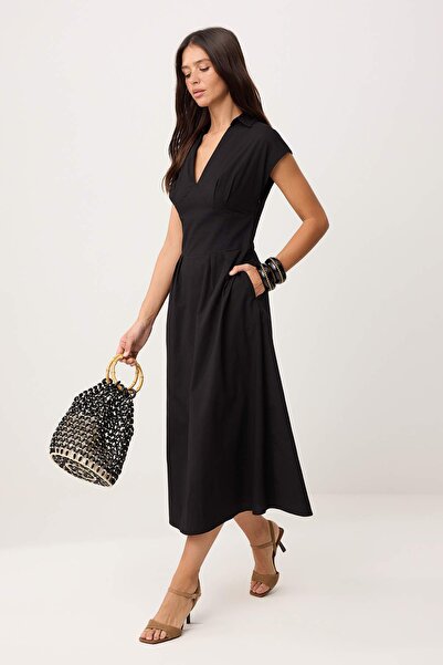 Συλλογή Trendyol Μαύρο φόρεμα από ποπλίνα με γιακά πουκάμισου, υφαντό, μάξι T...