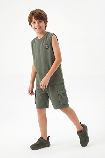 TRENDYOLKIDS Σετ σορτς για αγόρια Χακί Tank Top - Βαμβακερό, ταλαιπωρημένο/Χλ...