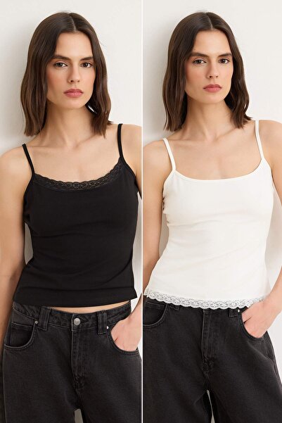 Trendyol Collection Black-Ecru Plain Fitted Pool Neck Spaghetti Strap Sleevel...