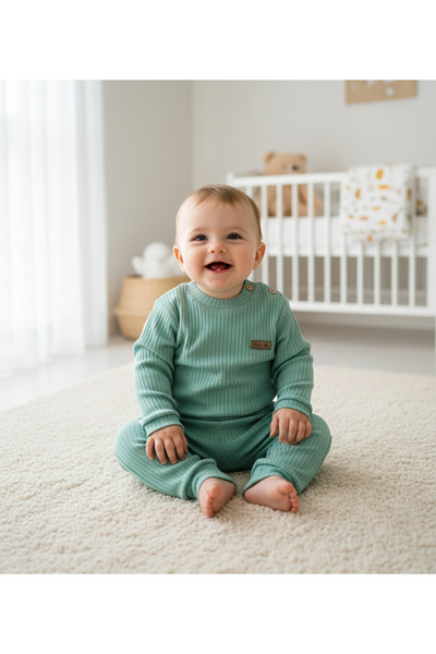 minço bebe Baby Boy Ribbed Turquoise Top and Bottom Cotton Set