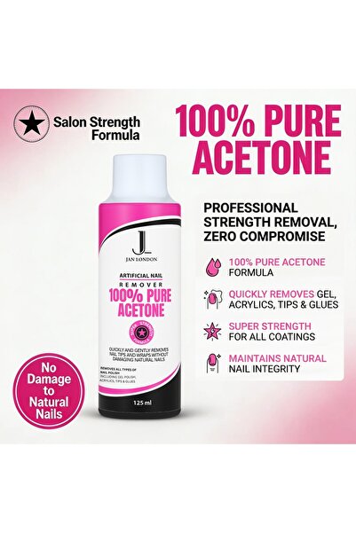 JAN LONDON JL 100% Pure Acetone 125ml | Professional Nail Polish Remover for Gel, Acrylic & Varnish Soak Off