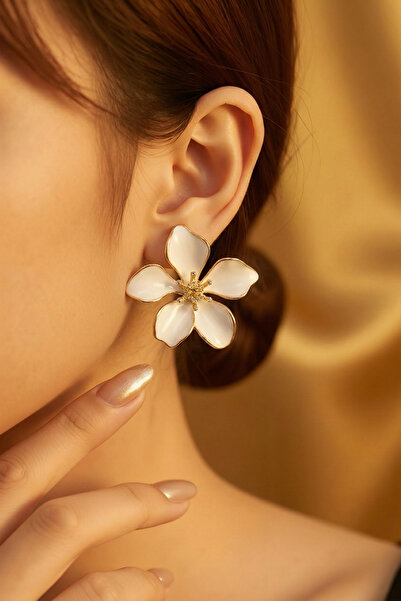 LYKOS White Enamel Flower Model Brass Women's Earrings