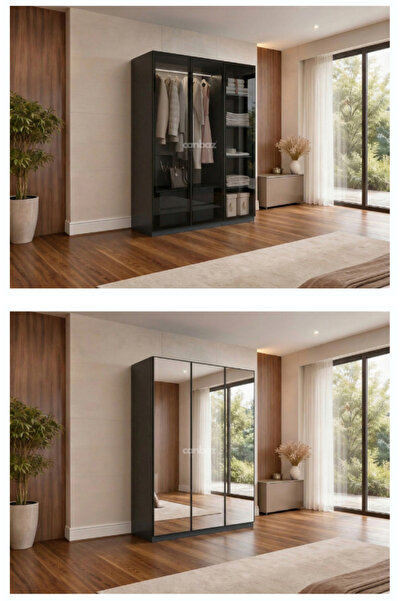 CANBAZ FURNİTURE Esla Modüllü 3 Cam Kapaklı Giyinme Dolabı % 100 MDF (KURULUM...