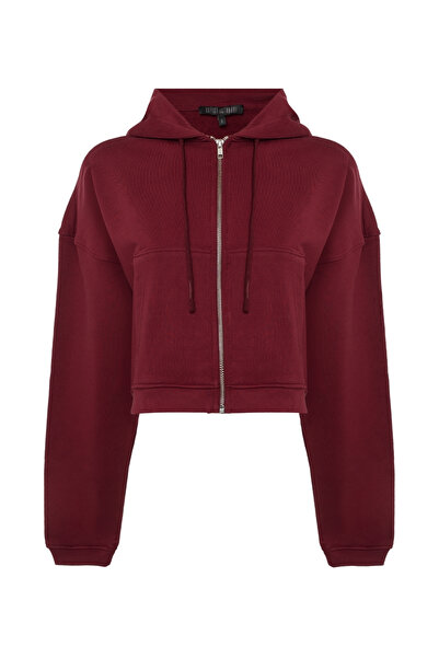 Sofist İstanbul Bordo Essentials Fit Kadın Zip Hoodie %100 Pamuk Kapüşonlu Dü...