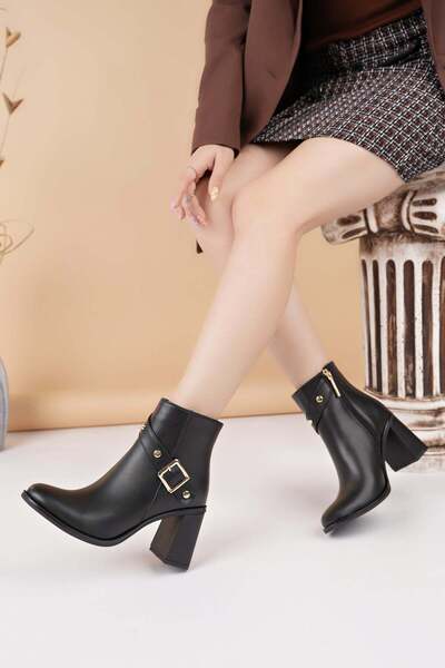 Nesil Shoes Γυναικείες μπότες με τακούνι Mddm 1015 με λεπτομέρεια μαύρης πόρπης