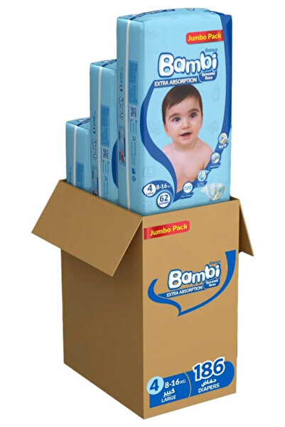 Sanita Bambi Baby Diapers, 186 Diapers, Size 4 (8-16 kg), x3 Jumbo Pack