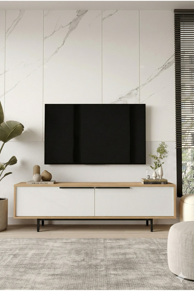 L'occi Concept Leena 160cm Tv Ünitesi Sehpası Metal Ayaklı Sepet-Beyaz LA1-SW