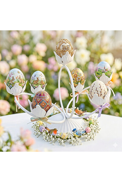 fromro Suport metalic pentru ouă, 7 locuri, alb mat - Design floral elegant |...