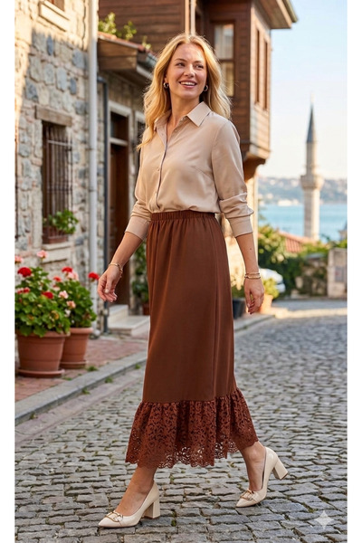 GigiTex Καφέ μακριά φούστα δαντέλα 90 εκ