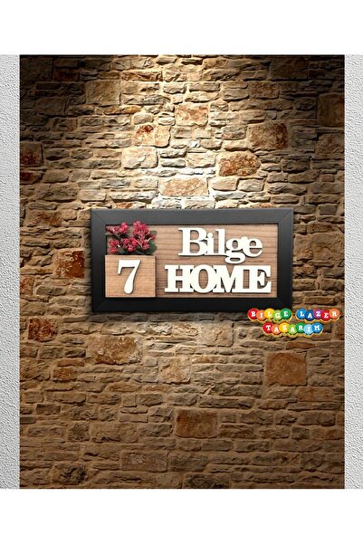 Bilge Lazer Kişiye Özel Ahşap Kapı İsimliği ( KIRMIZI ) Çiçekli – 10x20 cm MD...